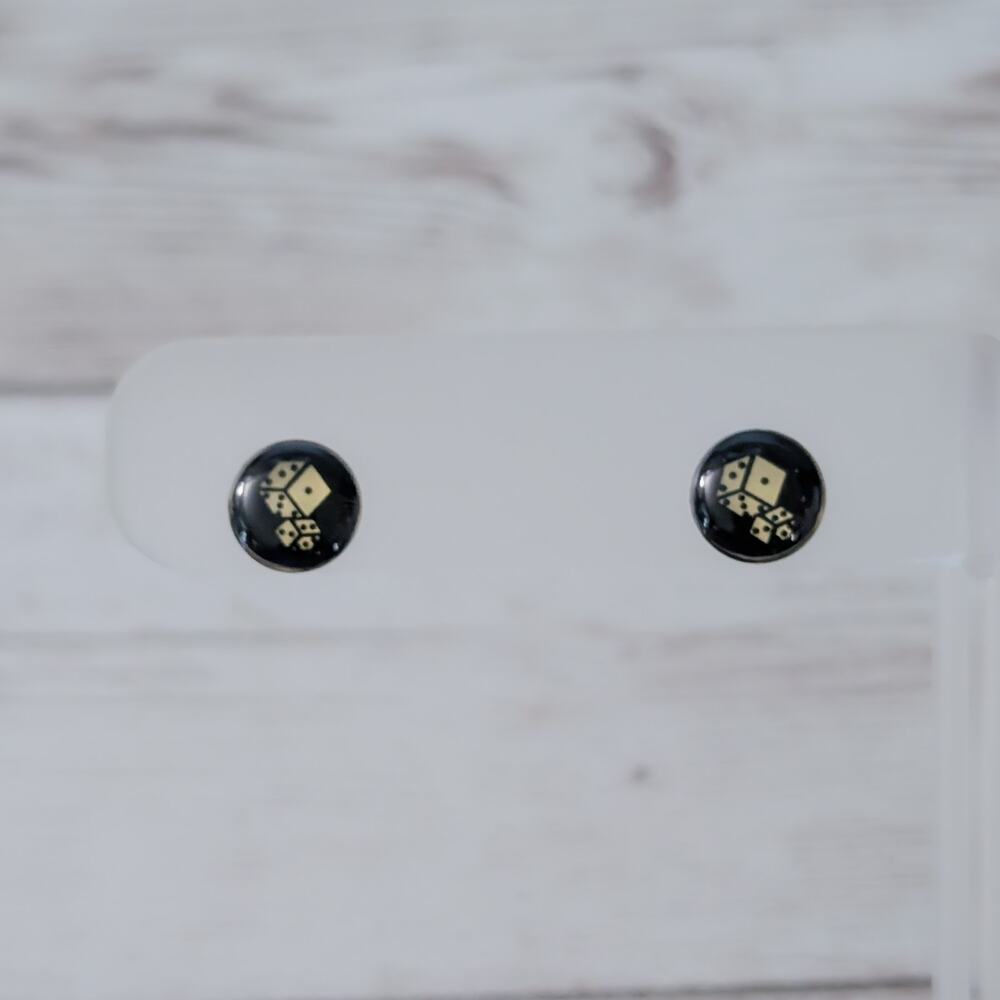 Retro Stud Earrings Black & Gold Tone Dice